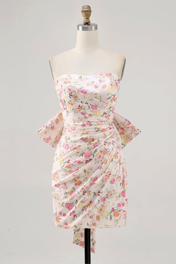 Pink Flower Strapless Bodycon Ruched Cocktail Dress